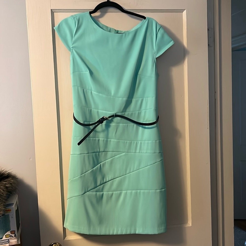 Mint Green Cap Sleeve Dress with Navy Belt